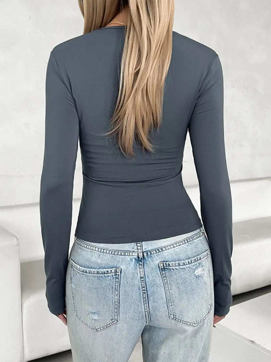 Notched Long Sleeve T-Shirt - Trendsi - Flyclothing LLC