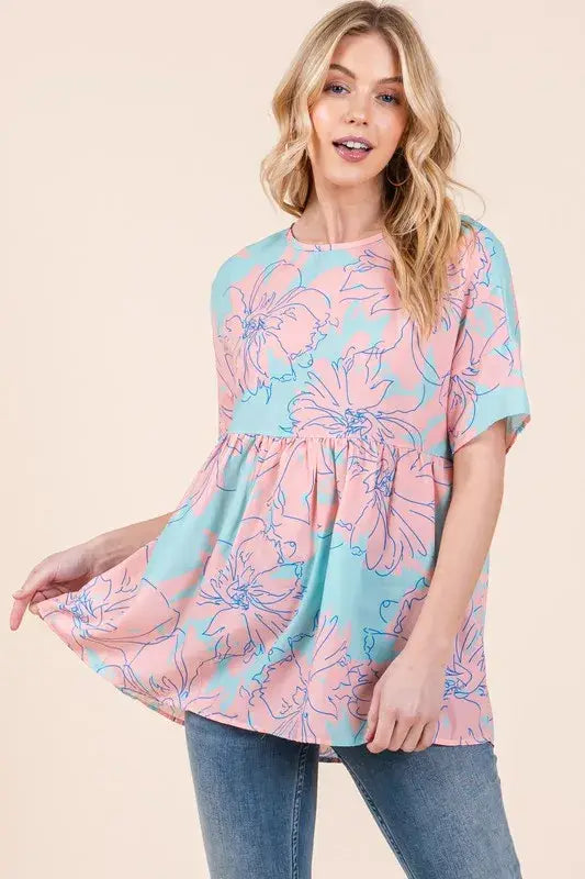 BOMBOM Floral Babydoll Tunic Top - Trendsi - Flyclothing LLC