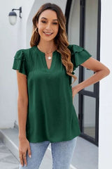 Ruffled Notched Short Sleeve Blouse - Trendsi