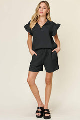 Double Take Full Size Texture Flounce Sleeve Top and Drawstring Shorts Set - Trendsi - Flyclothing LLC