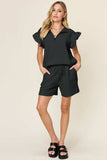 Double Take Full Size Texture Flounce Sleeve Top and Drawstring Shorts Set - Trendsi - Flyclothing LLC