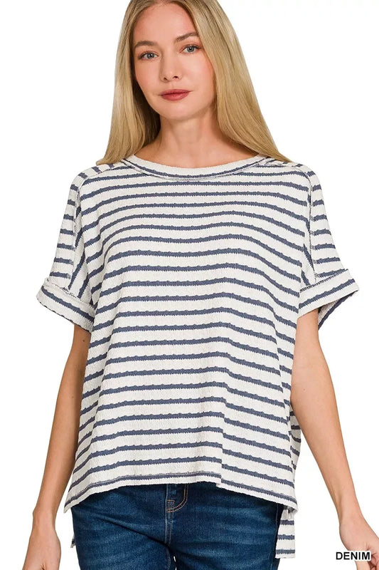 Zenana Stripe Jacquard Round-Meck Tee - Trendsi - Flyclothing LLC