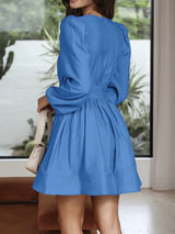 Ruched V-Neck Balloon Sleeve Mini Dress - Trendsi - Flyclothing LLC