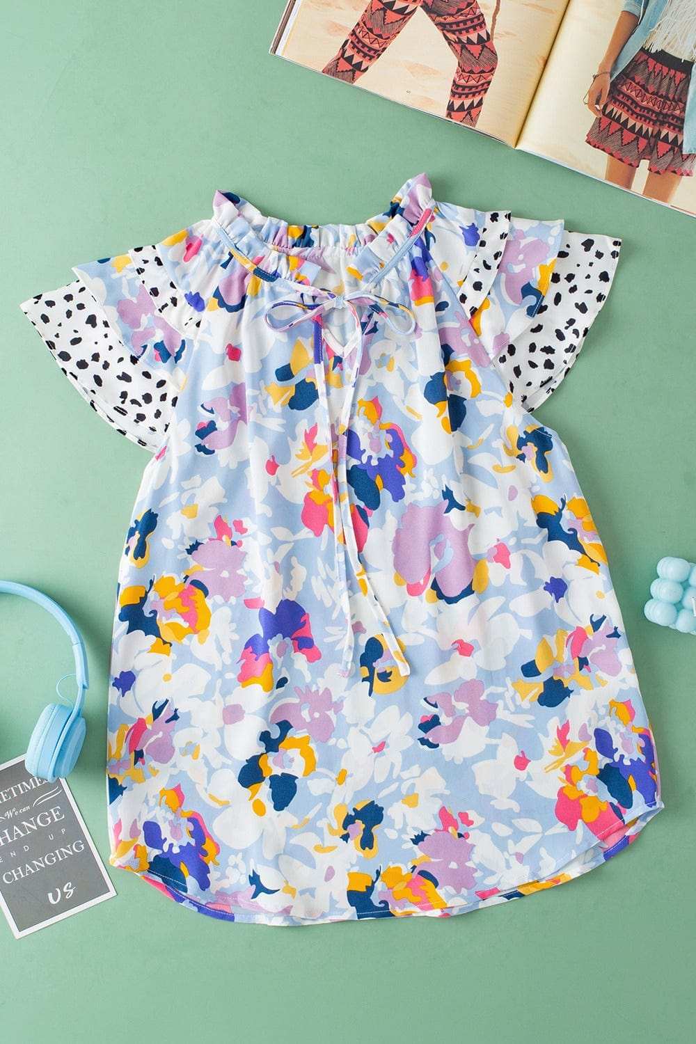 Ruffled Printed Tie Neck Cap Sleeve Blouse - Trendsi - Flyclothing LLC