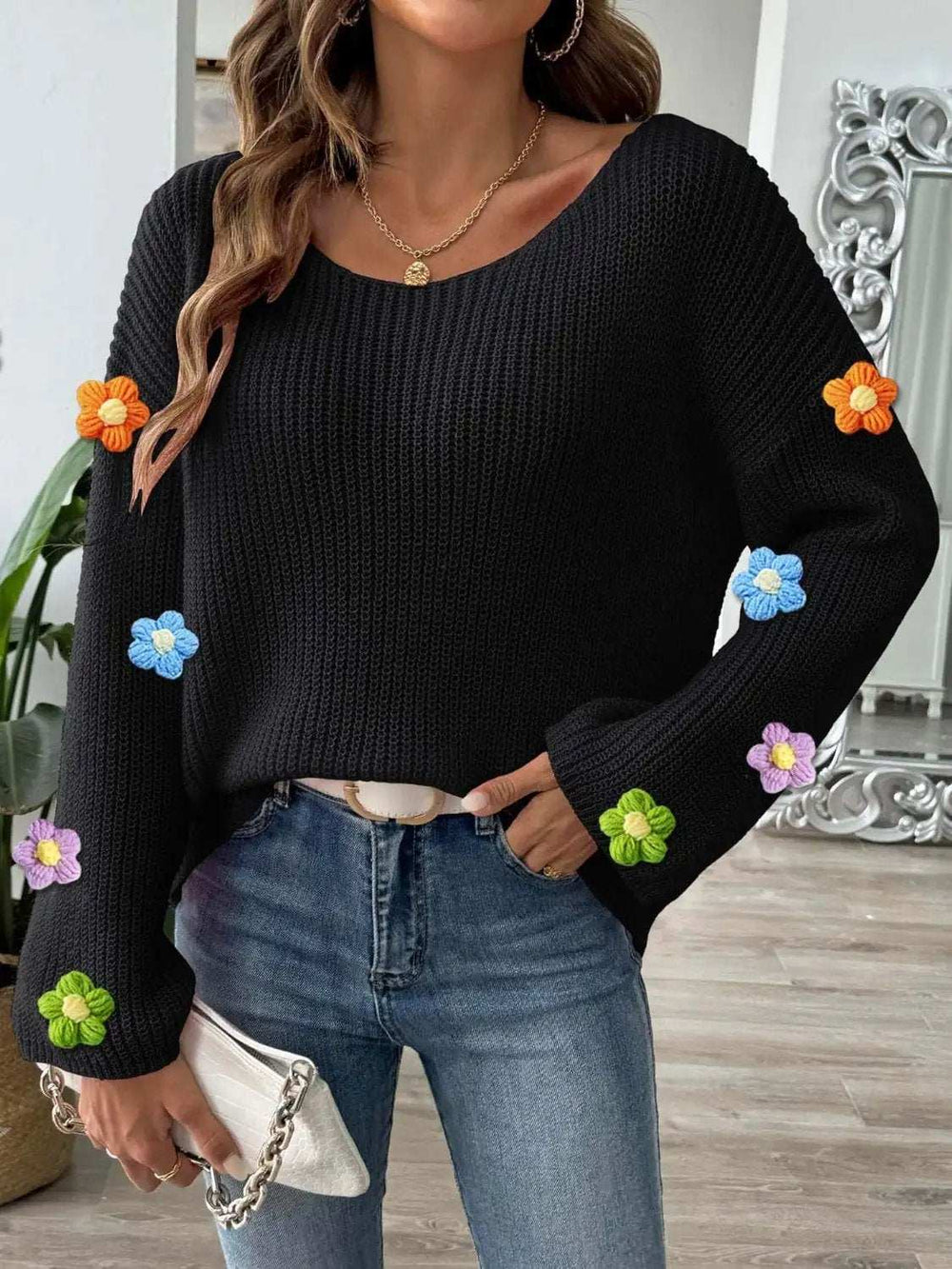 Flower Round Neck Long Sleeve Sweater - Trendsi - Flyclothing LLC