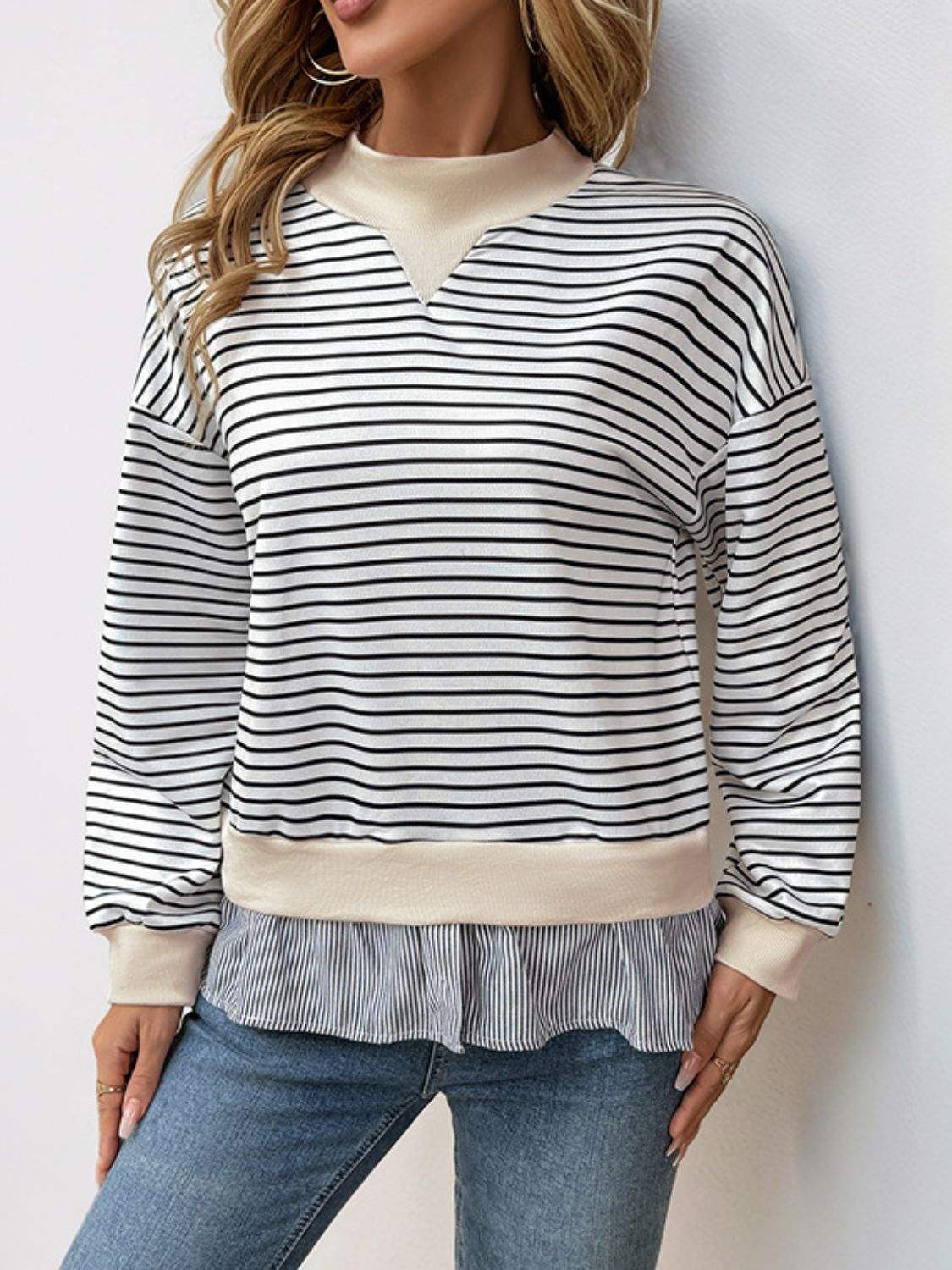 Perfee Faux Layered Striped Long Sleeve Sweatshirt - Trendsi - Flyclothing LLC