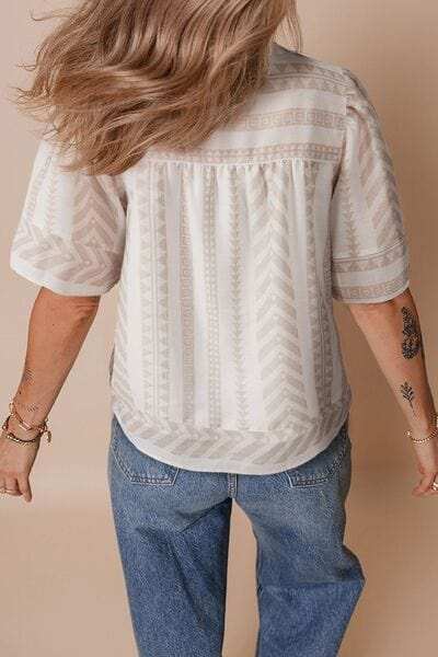 Geometric Jacquard Notched Half Sleeve Blouse - Trendsi - Flyclothing LLC