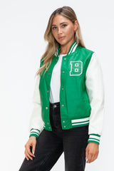 Love Me Now PU Leather Contrast Snap Down Bomber Jacket - Trendsi