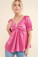 And The Why Satin Leopard V Wired Puff Sleeves Blouse - Trendsi - Flyclothing LLC
