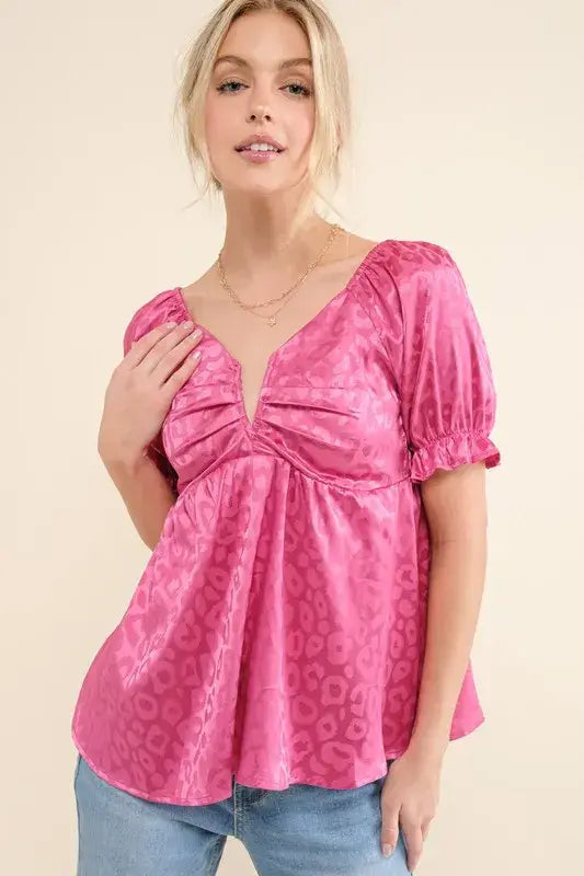 And The Why Satin Leopard V Wired Puff Sleeves Blouse - Trendsi - Flyclothing LLC