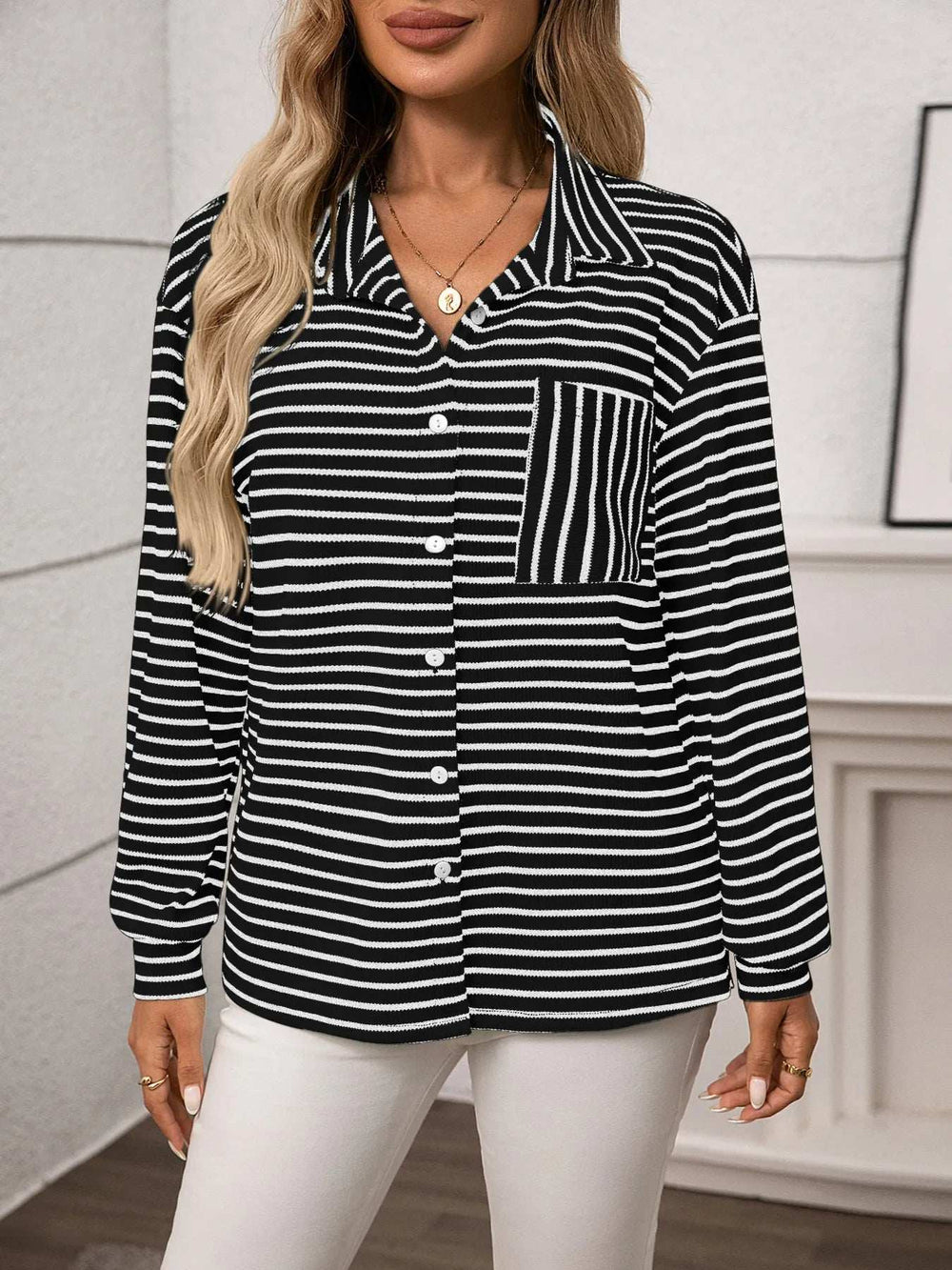 Striped Button Up Long Sleeve Shirt - Trendsi - Flyclothing LLC