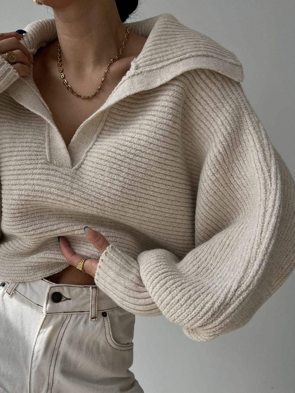 Johnny Collar Long Sleeve Sweater - Trendsi - Flyclothing LLC