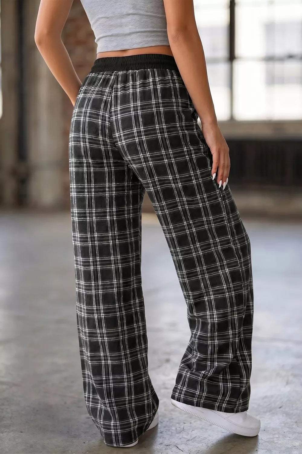 Plaid Wide-Leg Drawstring Pants - Trendsi - Flyclothing LLC