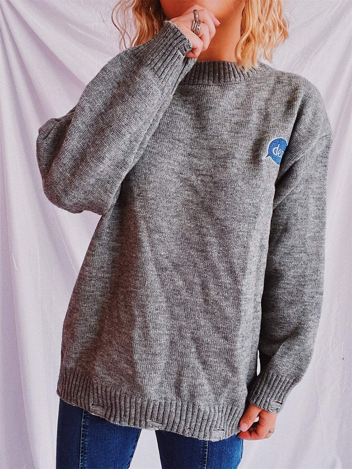 Embroidered Round Neck Dropped Shoulder Sweater - Trendsi - Flyclothing LLC