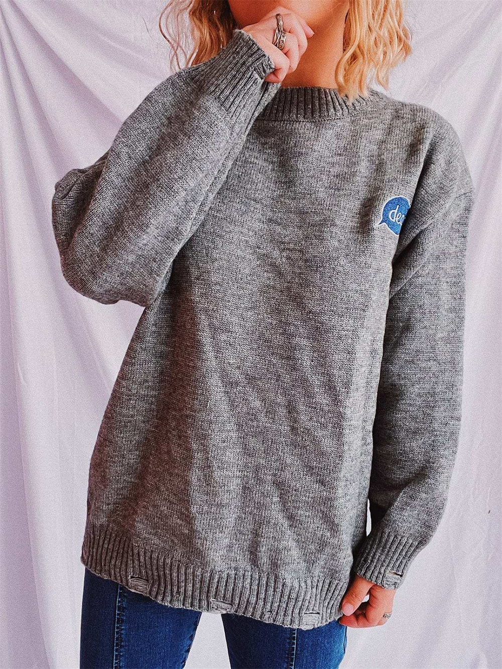 Embroidered Round Neck Dropped Shoulder Sweater - Trendsi - Flyclothing LLC