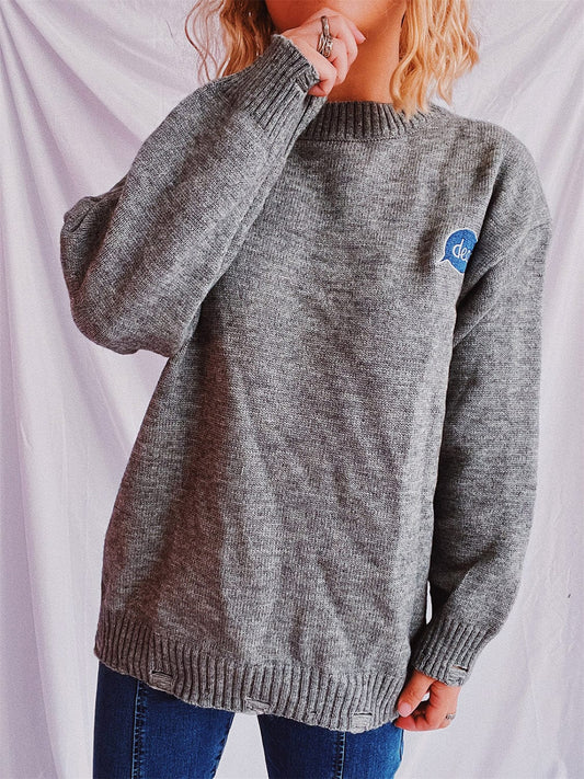 Embroidered Round Neck Dropped Shoulder Sweater - Trendsi
