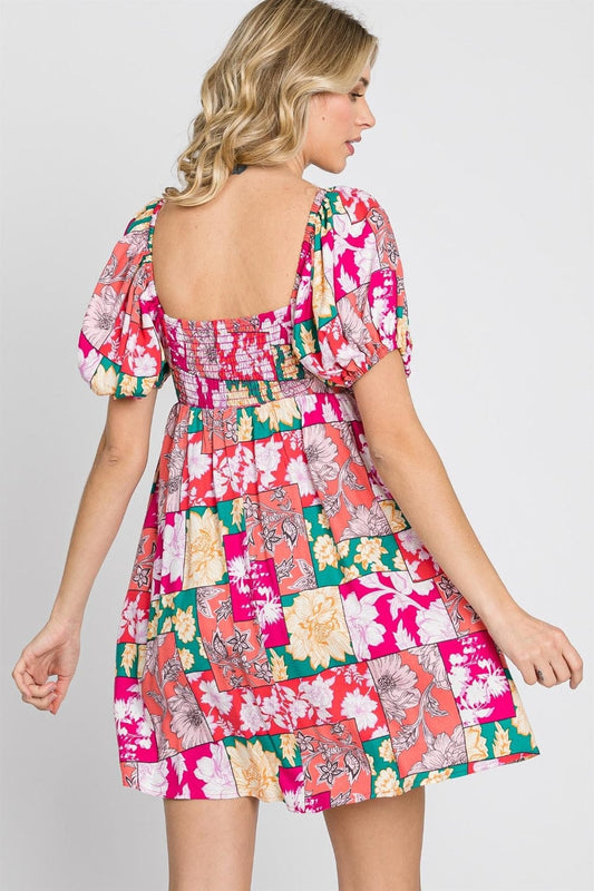 GeeGee Floral Ruff Sleeve Mini Dress - Trendsi