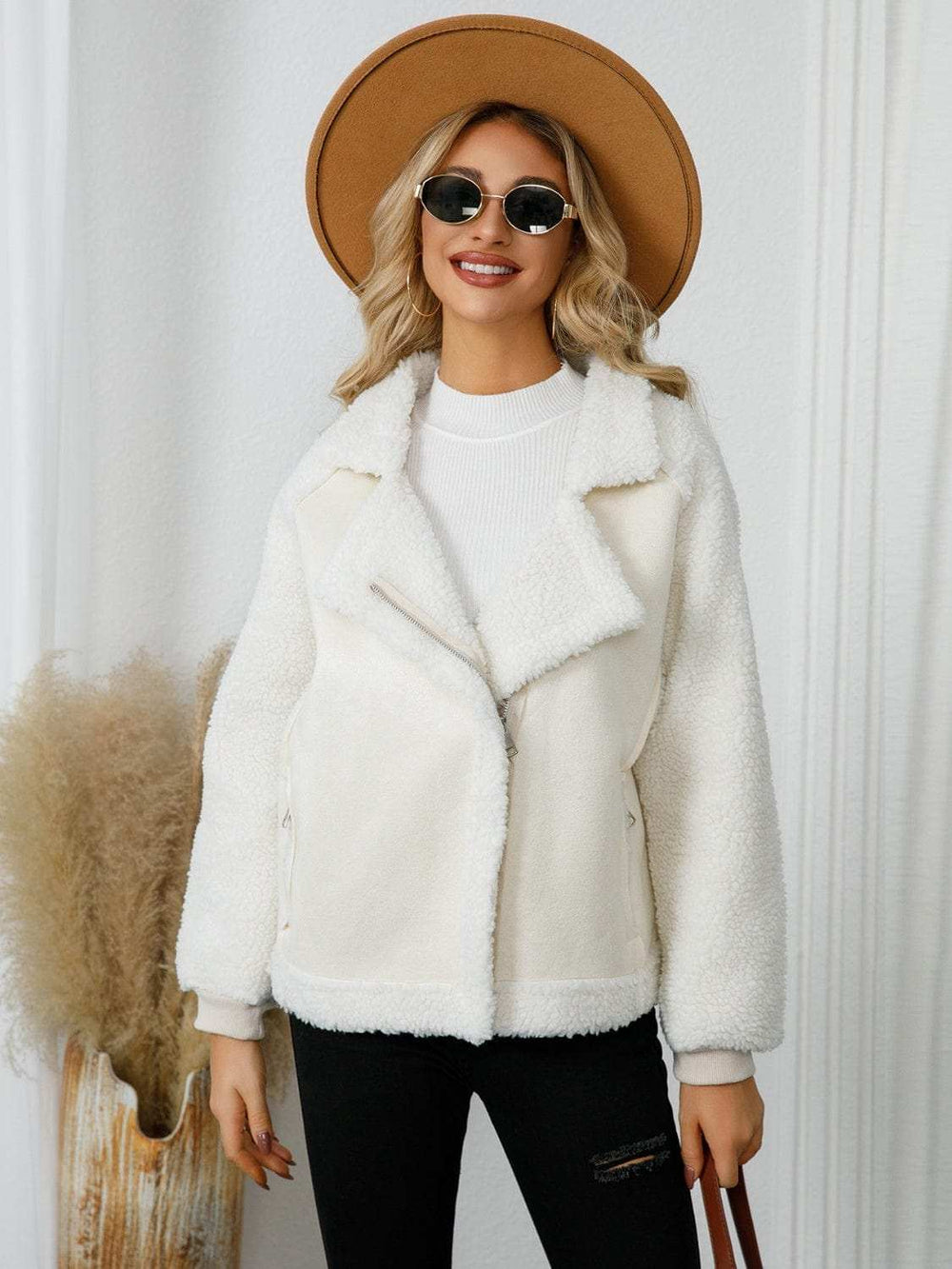 Pocketed Sherpa Zip Up Long Sleeve Jacket - Trendsi - Flyclothing LLC