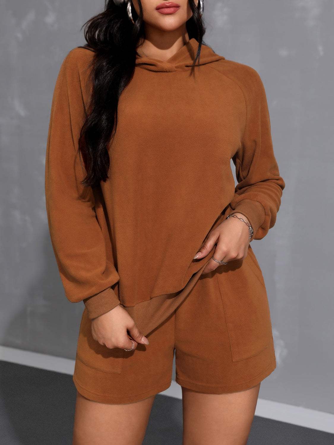 Long Sleeve Hoodie and Pocketed Shorts Set - Trendsi - Flyclothing LLC