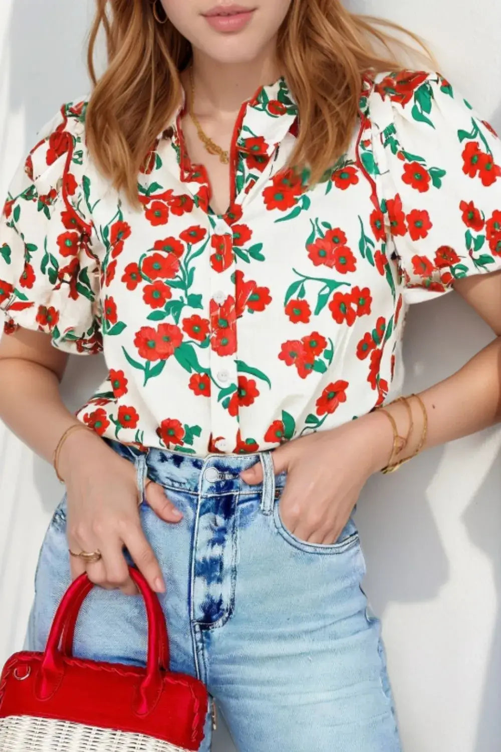 Printed V-Neck Short Sleeve Shirt - Trendsi - Flyclothing LLC