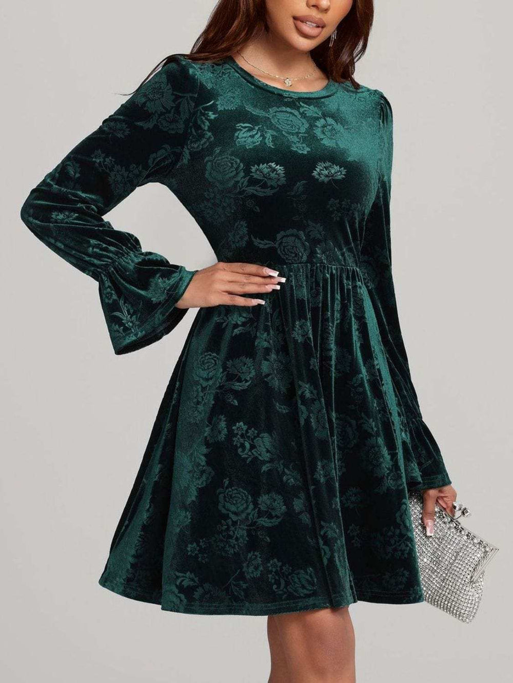 Tied Flower Print Round Neck Flounce Sleeve Dress - Trendsi - Flyclothing LLC