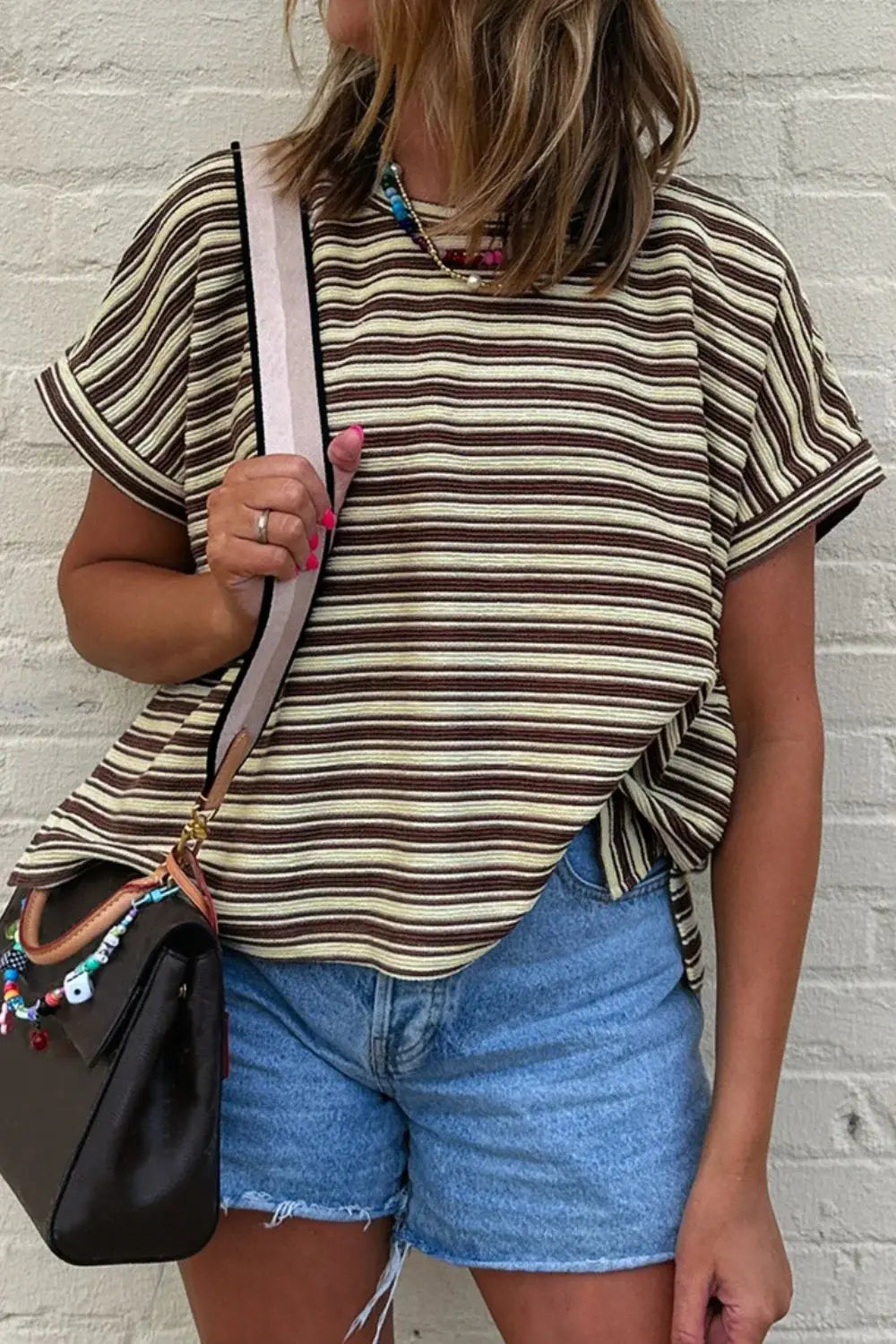 Stripe Textured Side Slit Crew Neck T-Shirt - Trendsi - Flyclothing LLC