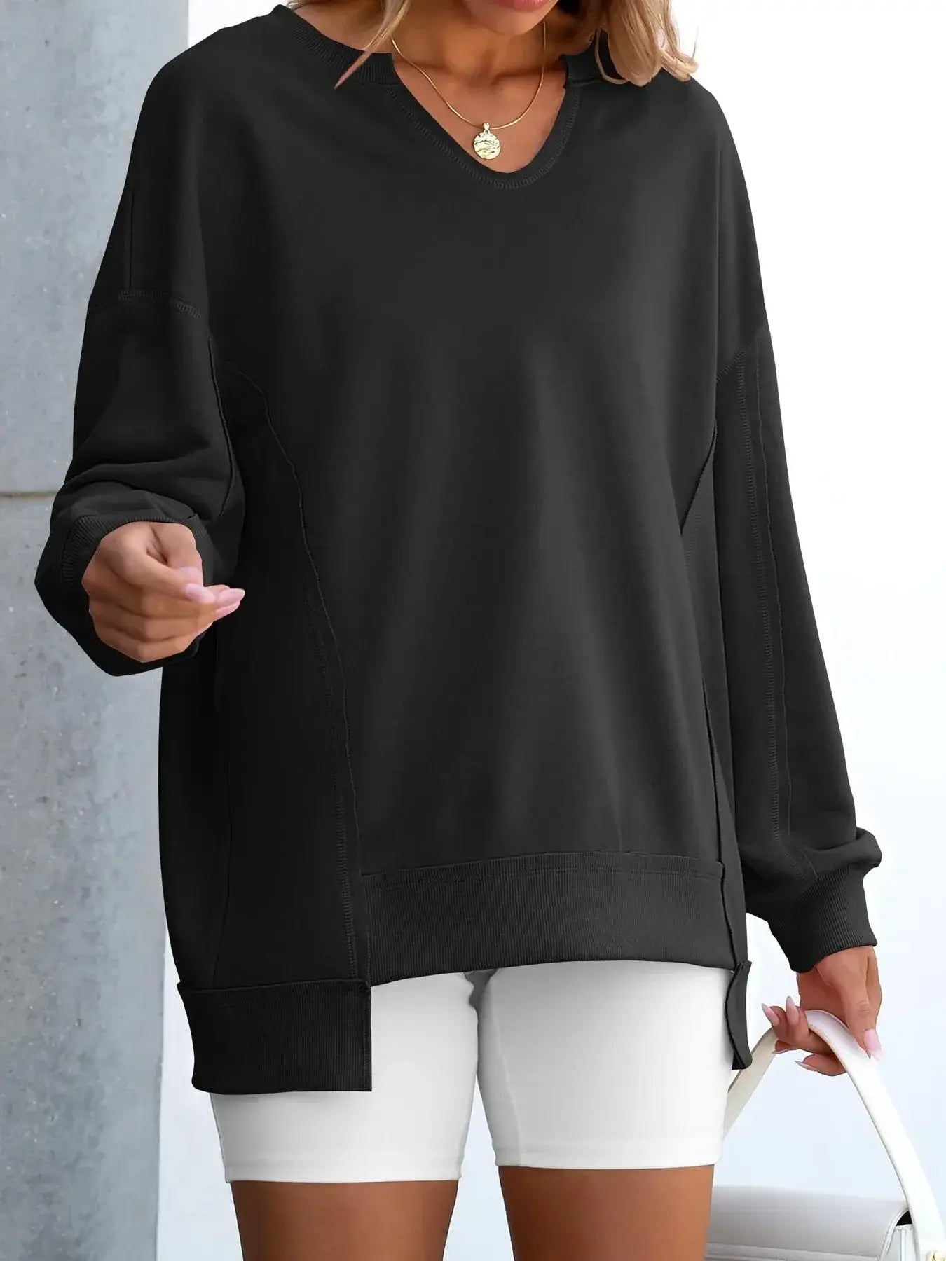 Notched Long Sleeve Oversized Sweatshirt - Trendsi - Flyclothing LLC