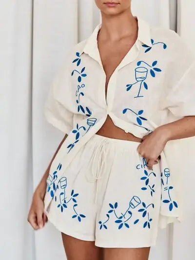 Embroidered Button Up Half Sleeve Top and Shorts Set - Trendsi - Flyclothing LLC