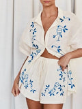 Embroidered Button Up Half Sleeve Top and Shorts Set - Trendsi