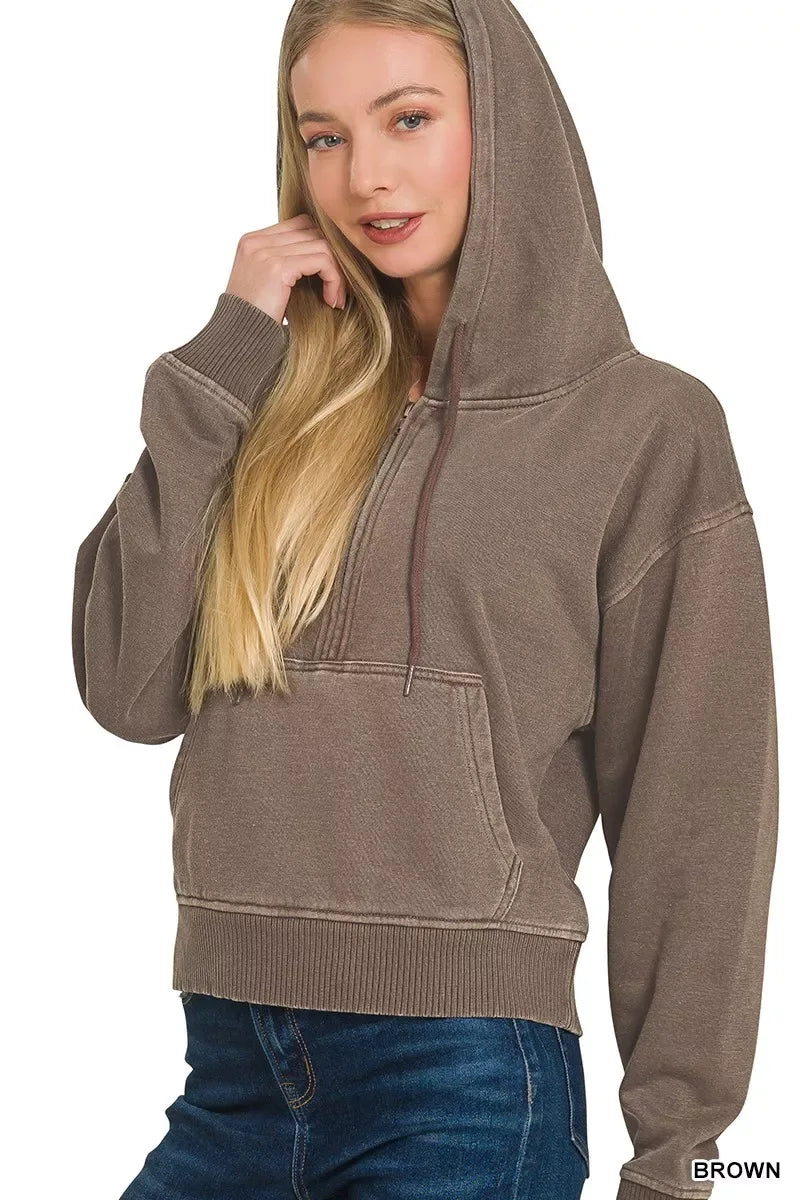 Zenana Fleece Pigment Dye Half Zip Kangaroo Pocket Hoodie - Trendsi - Flyclothing LLC
