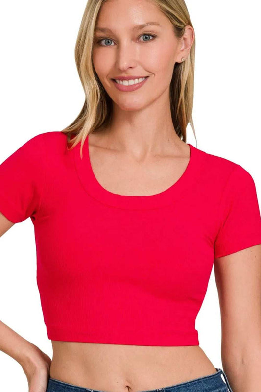 Zenana Ribbed Scoop Neck Crop Short Sleeve Top - Trendsi - Flyclothing LLC