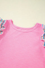 Striped Ruffle Flutter Sleeve Ribbed Blouse - Trendsi - Flyclothing LLC
