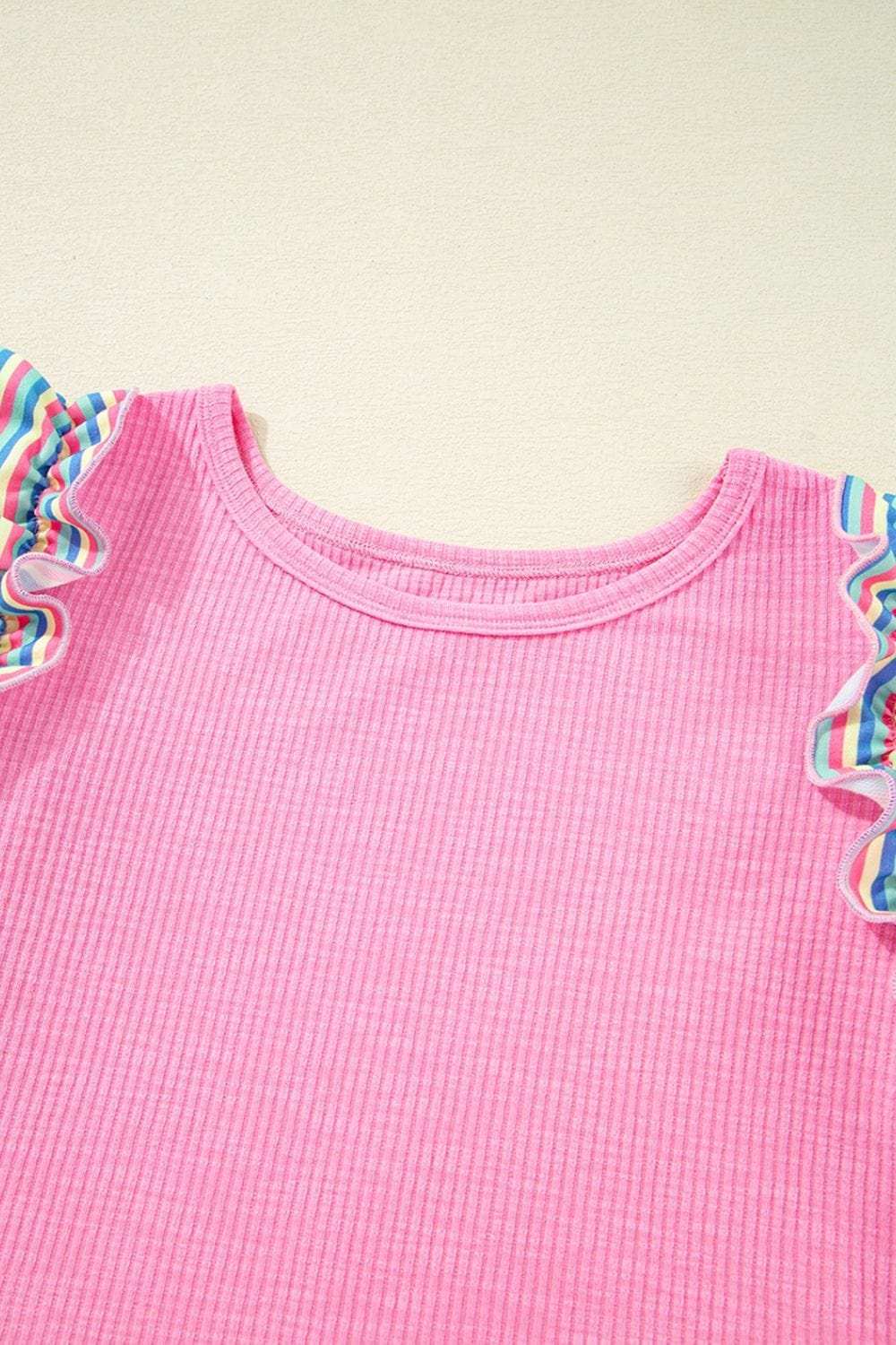 Striped Ruffle Flutter Sleeve Ribbed Blouse - Trendsi - Flyclothing LLC