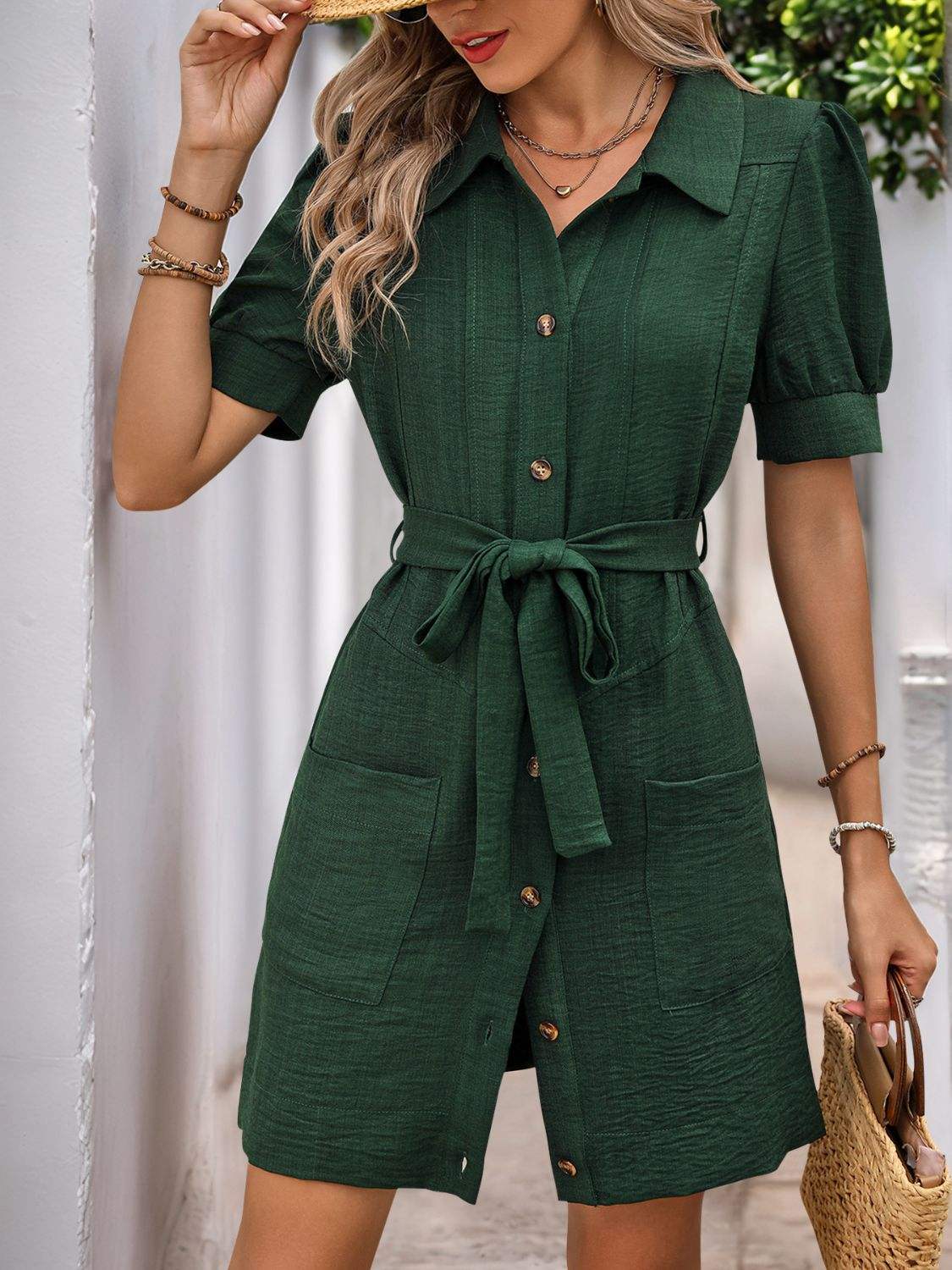 Perfee Tie Waist Button Down Short Sleeve Mini Dress - Trendsi - Flyclothing LLC