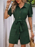 Perfee Tie Waist Button Down Short Sleeve Mini Dress - Trendsi - Flyclothing LLC