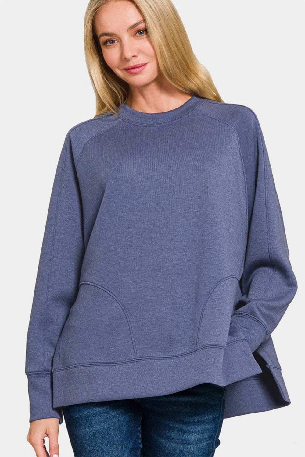 Zenana Scuba Round Neck Side Slit Sweatshirt - Trendsi - Flyclothing LLC