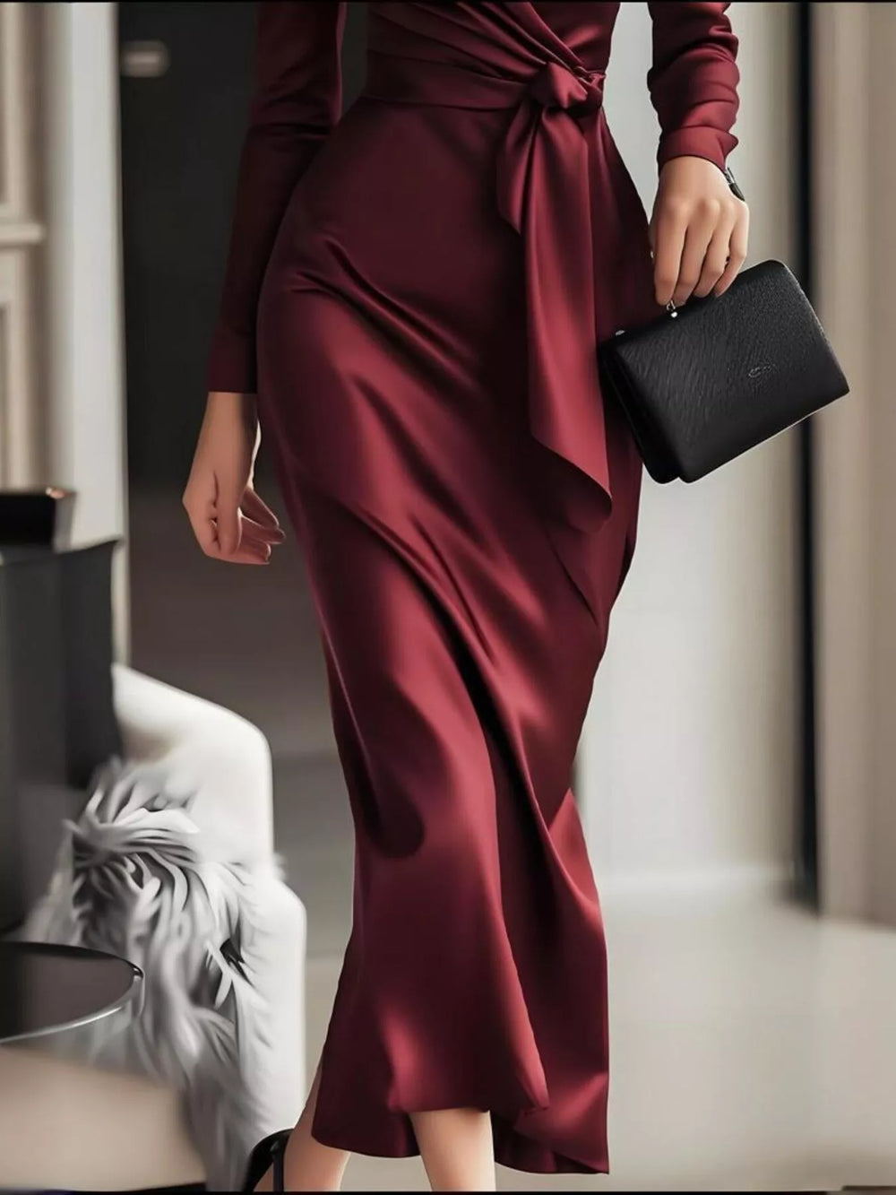 Surplice Satin Long Sleeve Dress - Trendsi - Flyclothing LLC