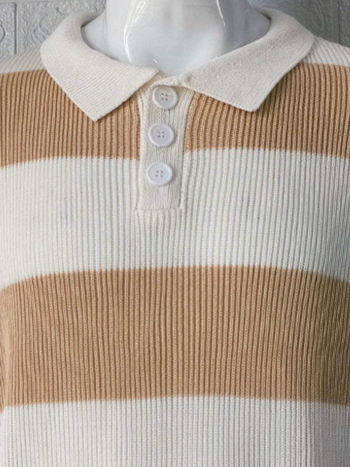 Men's Plus Size Collared Neck Striped Ribbed Knit Polo - Trendsi - Flyclothing LLC