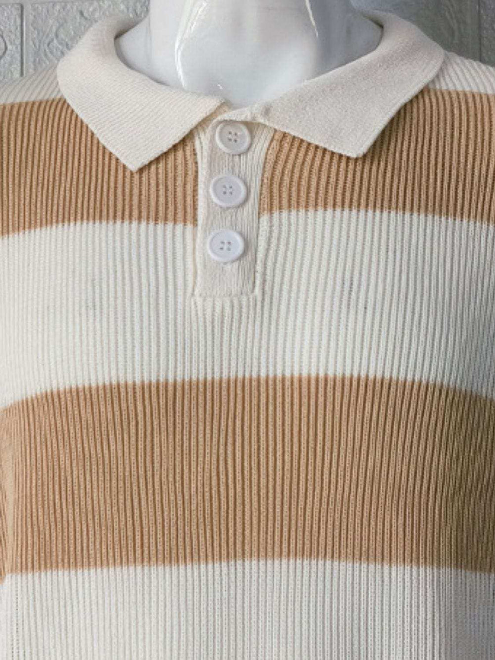 Men's Plus Size Collared Neck Striped Ribbed Knit Polo - Trendsi - Flyclothing LLC