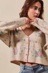 SO ME Floral Pattern Long Sleeve Button Sweater Cardigan - Trendsi - Flyclothing LLC