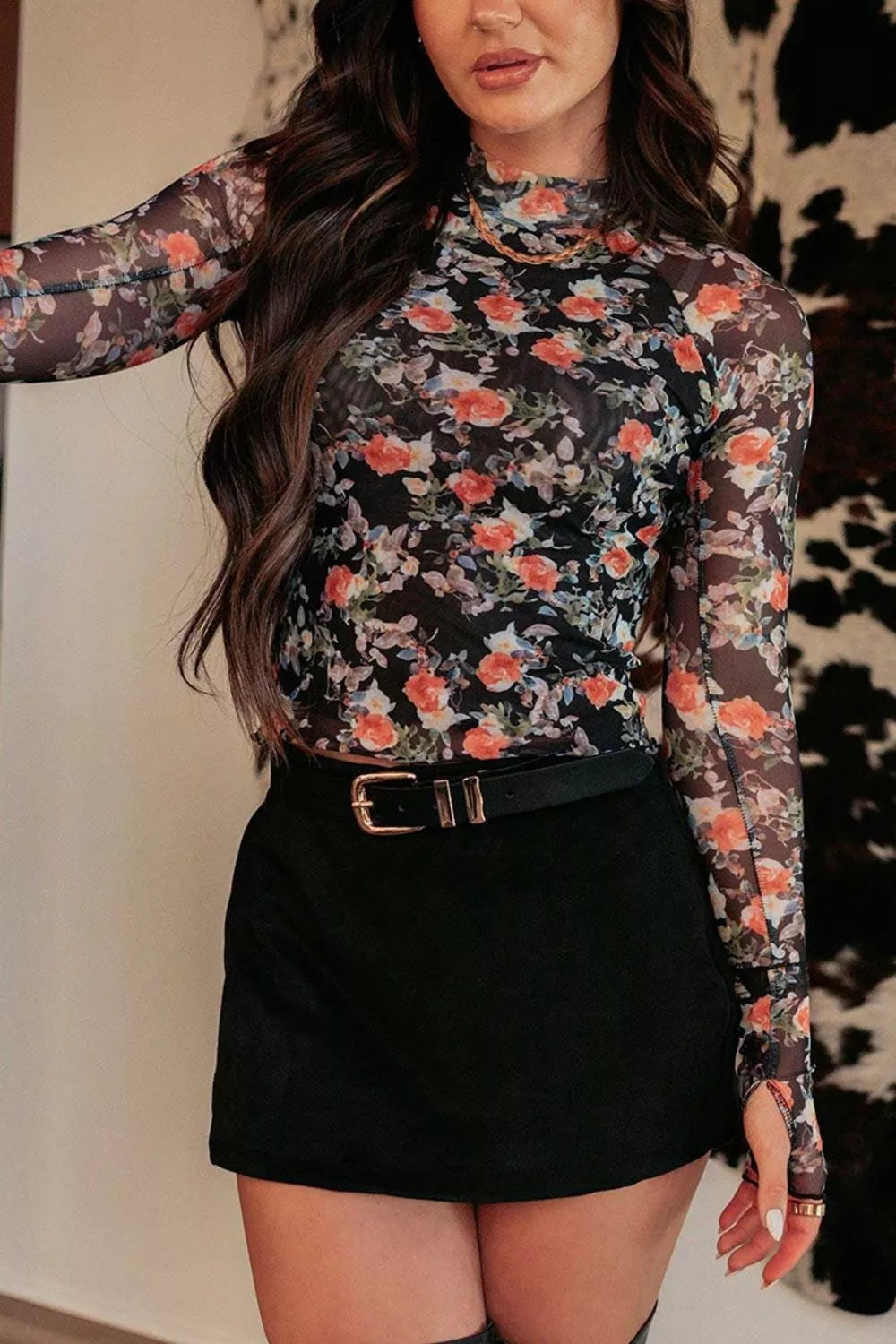 Floral Print Mesh Mock Neck Long Sleeve Blouse - Trendsi - Flyclothing LLC