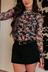 Floral Print Mesh Mock Neck Long Sleeve Blouse - Trendsi - Flyclothing LLC