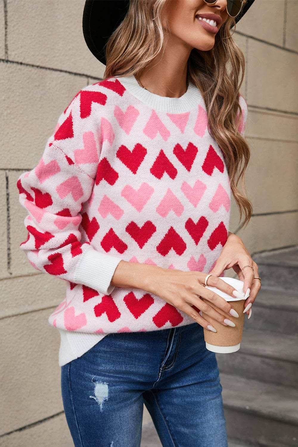 Angel Wings Contrast Heart Round Neck Sweater - Trendsi - Flyclothing LLC