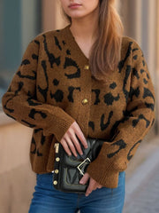 Leopard V-Neck Button Up Cardigan - Trendsi