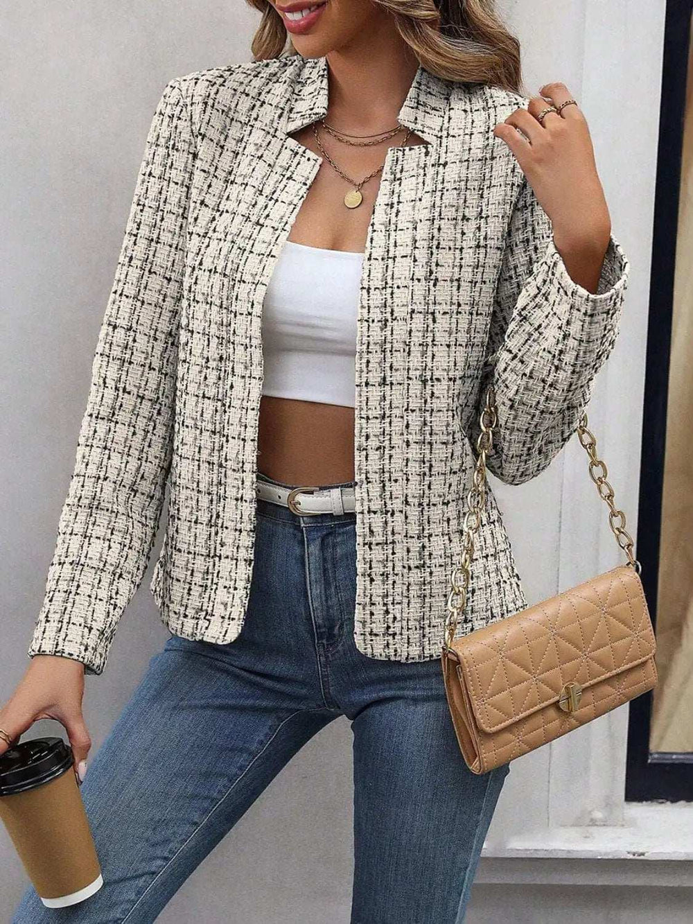 Plaid Open Front Long Sleeve Jacket - Trendsi - Flyclothing LLC