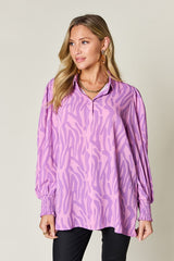 Double Take Full Size Printed Smocked Long Sleeve Blouse - Trendsi