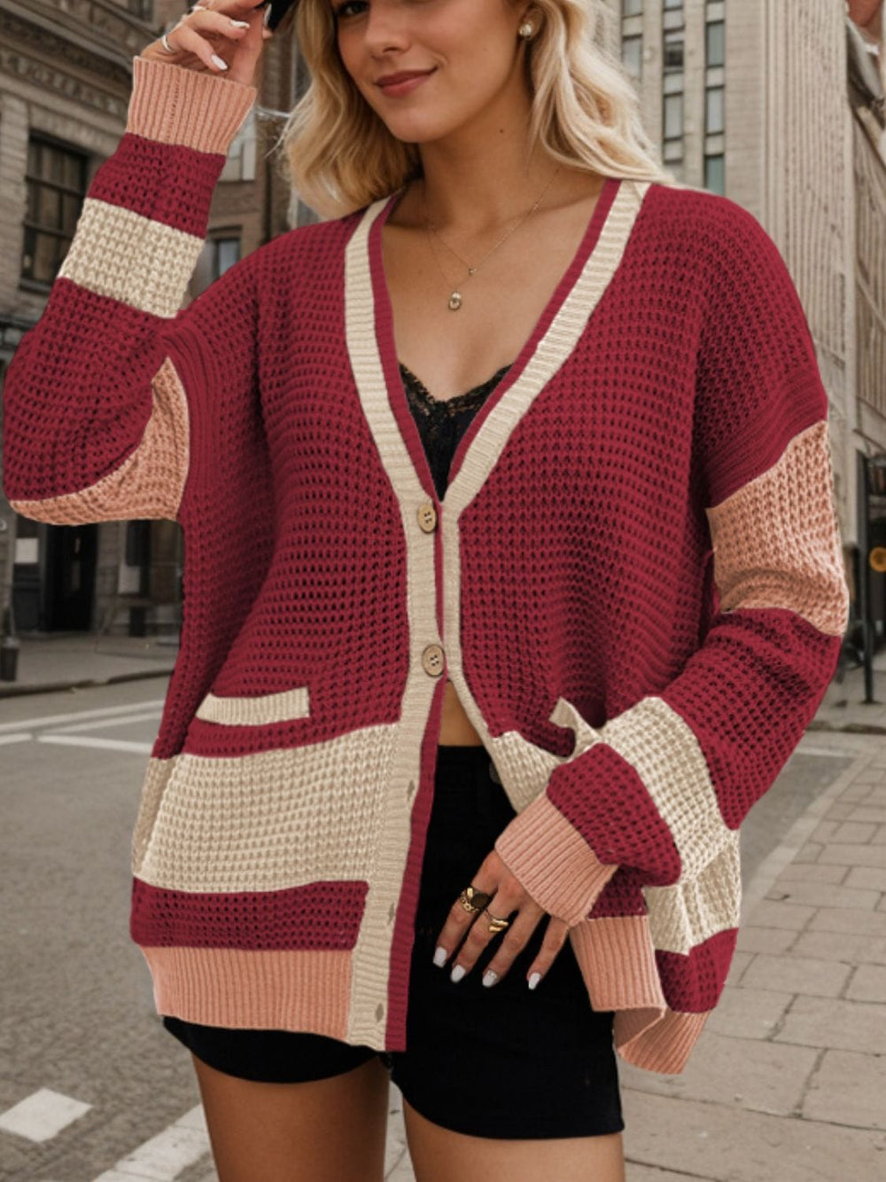 Contrast Button Up Long Sleeve Cardigan - Trendsi