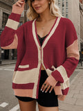 Contrast Button Up Long Sleeve Cardigan - Trendsi