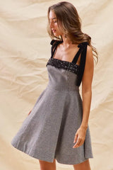 SO ME Houndstooth Fit Flare Mini Dress with Shoulder Tie - Trendsi - Flyclothing LLC