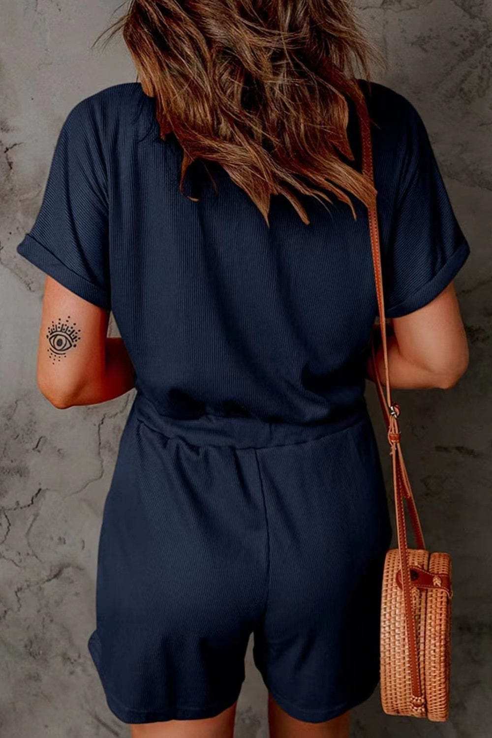 Full Size Drawstring V-Neck Short Sleeve Romper - Trendsi - Flyclothing LLC